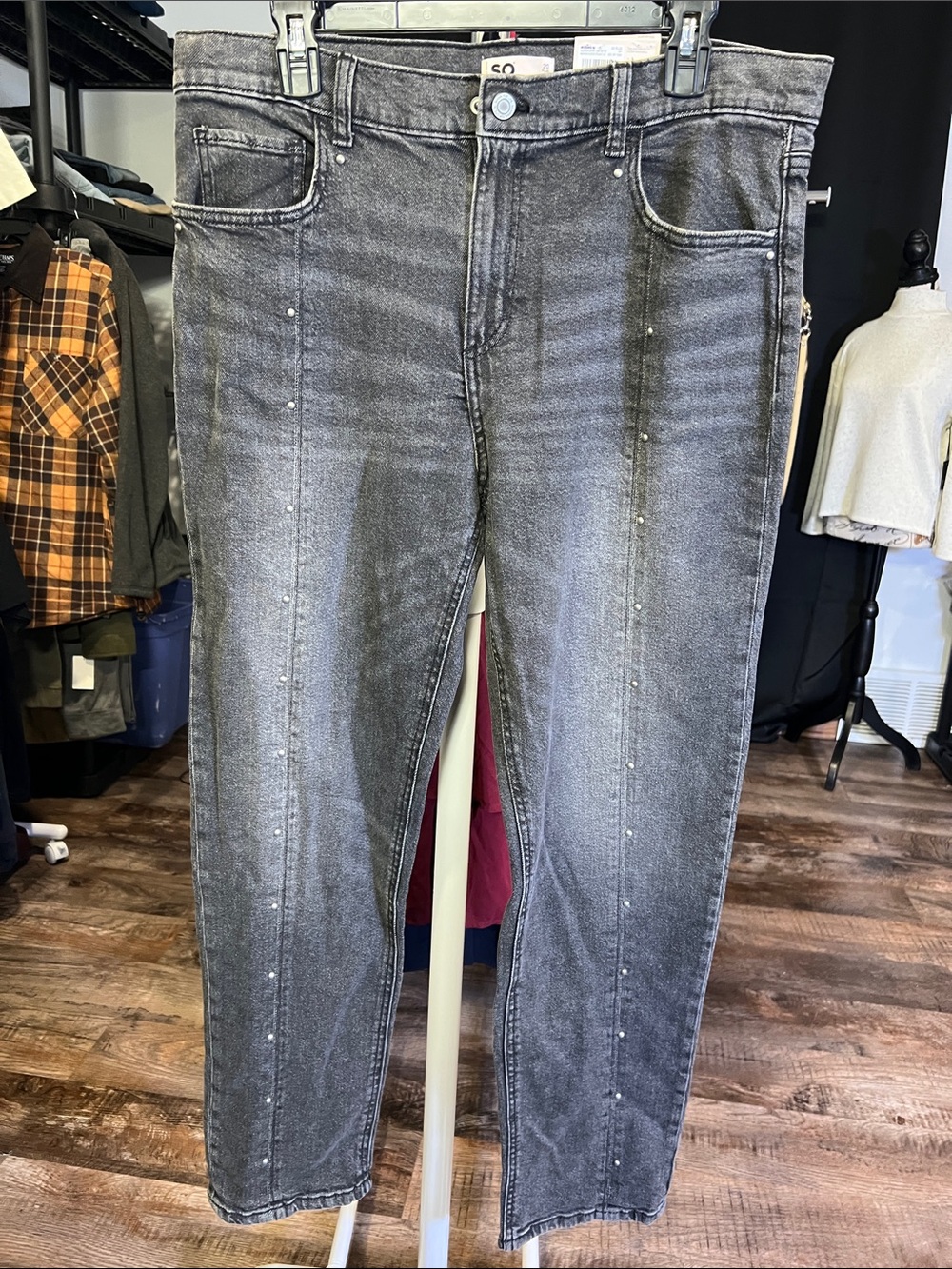 SO Women's Gray Straight-Leg Jeans with Stud Detail